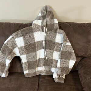 Brown and white checkered cropped fuzzy SHEIN sherpa with hood